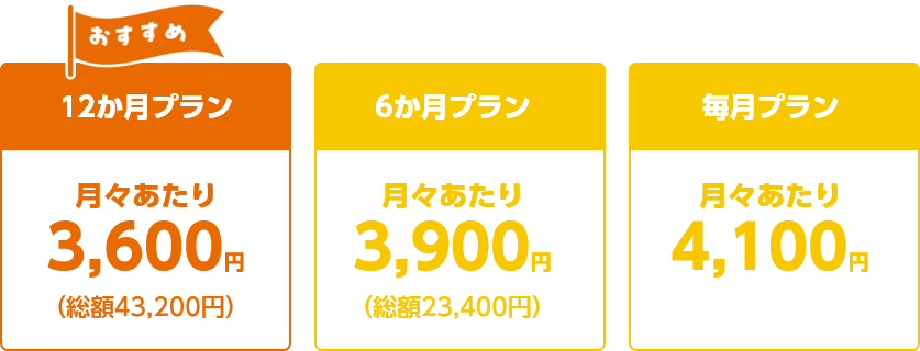 【おすすめ】12か月プラン 月々あたり3,600円（総額43,200円）　6か月プラン 月々あたり 3,900円（総額23,400円）　毎月プラン 月々あたり4,100円